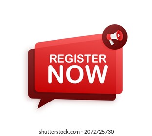 Megaphone label with register now. Megaphone banner. Web design. Vector stock illustration
