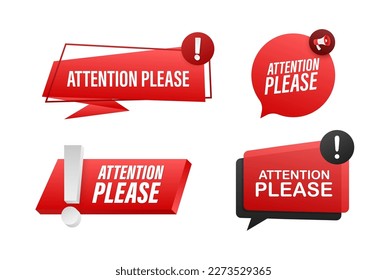 Megaphone label set with text attention please. Megaphone in hand promotion banner. Marketing and advertising