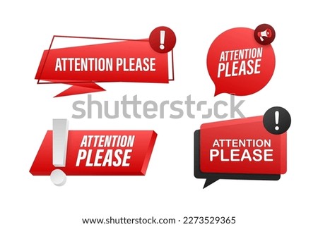 Megaphone label set with text attention please. Megaphone in hand promotion banner. Marketing and advertising