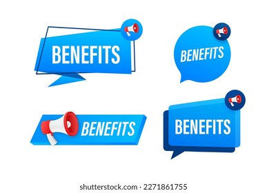 Megaphone label set with text Benefits. Megaphone in hand promotion banner. Marketing and advertising