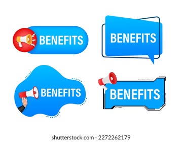 Megaphone-Set mit Text Benefits. Megaphone in Hand Promotion Banner. Marketing und Werbung