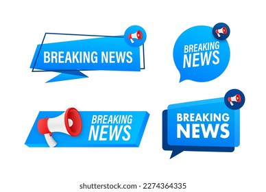 Megaphone label set with text Breaking News. Megaphone in hand promotion banner. Marketing and advertising