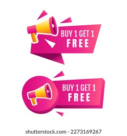 Juego de etiquetas Megaphone con texto compra 1 recibe 1 gratis. - Vector.