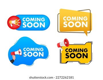 Megaphone label set with text coming soon. Megaphone in hand promotion banner. Marketing and advertising