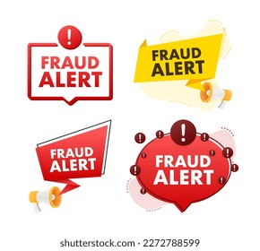 Megaphone label set with text Fraud alert. Megaphone in hand promotion banner. Marketing and advertising