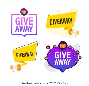 Juego de etiquetas Megaphone con el texto Giveaway. Cartel de promoción en mano Megáfono. Comercialización y publicidad