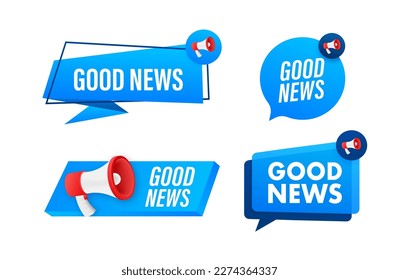 Megaphone label set with text good news. Megaphone in hand promotion banner. Marketing and advertising