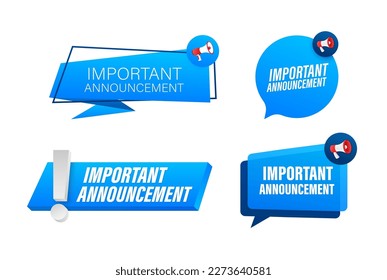 Megaphone label set with text important announcement. Megaphone in hand promotion banner. Marketing and advertising