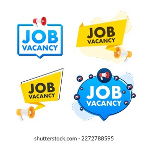 Megaphone label set with text Job vacancy. Megaphone in hand promotion banner. Marketing and advertising