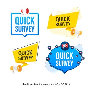 Megaphone label set with text quick survey. Megaphone in hand promotion banner. Marketing and advertising
