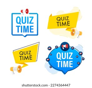 Megaphone label set with text Quiz time. Megaphone in hand promotion banner. Marketing and advertising