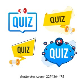 Megaphone label set with text quiz. Megaphone in hand promotion banner. Marketing and advertising
