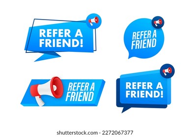 Juego de etiquetas Megaphone con texto Refiera a un amigo. Cartel de promoción en mano Megáfono. Comercialización y publicidad
