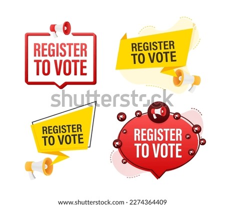 Megaphone label set with text Register to vote. Megaphone in hand promotion banner. Marketing and advertising