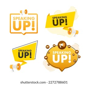 Megaphone label set with text speaking up. Megaphone in hand promotion banner. Marketing and advertising