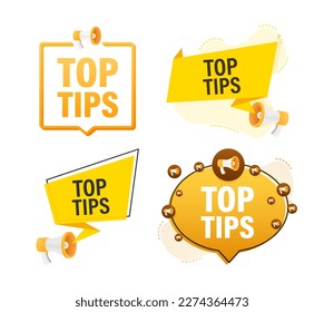 Megaphone label set with text Top tips. Megaphone in hand promotion banner. Marketing and advertising