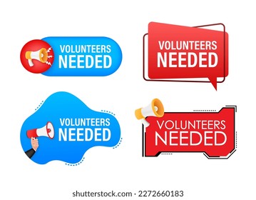 Conjunto de etiquetas de megáfono con texto Voluntarios necesarios. Cartel de promoción en mano Megáfono. Comercialización y publicidad