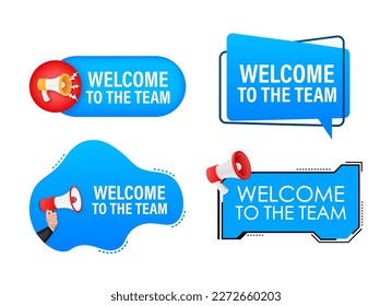 Megaphone label set with text We Want Your Feedback. Megaphone in hand promotion banner. Marketing and advertising
