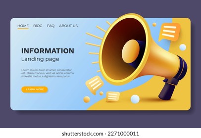 Megaphone landing page banner information, business communication. Vector illustration