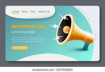 Megaphone landing page banner information, business communication. Vector illustration