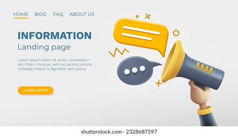 Megaphone landing page banner information, business communication. Vector illustration
