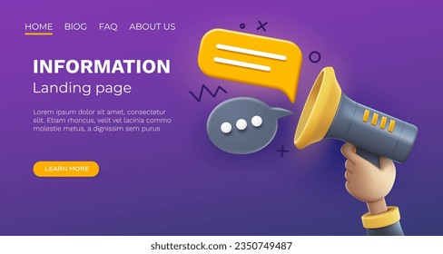 Megaphone landing page banner information, business communication. Vector illustration
