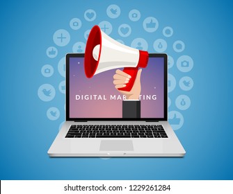 Megaphone from laptop, digital marketing vector flat concept design. Business advertising promotion marketing technology.