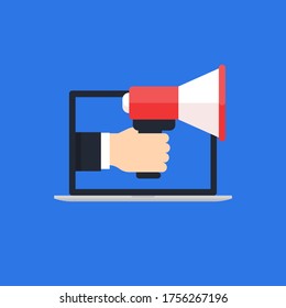 Megaphone laptop vector announce vector illustration, loudspeaker in hand  technology backdrop