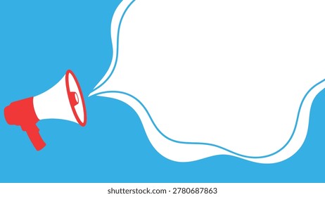 Megaphone with a large speech bubble on a blue background. Vector illustration of a loudspeaker for announcements, marketing, and communication concepts.