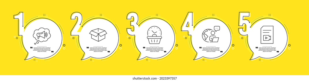 Megaphone, Last minute and Opened box line icons set. Timeline process infograph. Video file sign. Brand message, Opening hours, Shipping parcel. Vlog page. Business set. Vector