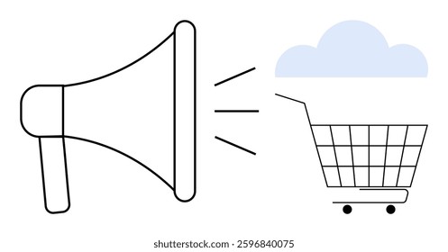 Megaphone to the left emits lines towards a shopping cart topped with a cloud outline. Ideal for online shopping promotions, e-commerce, digital marketing, cloud integration, virtual storefronts