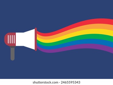 Megaphone with lgbtq+ pride flag on blue background.