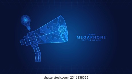 Megaphone and light bulb. Creative ideas lead businesses to success. Inspiration or find solutions. Low Poly wireframe style Vector Illustration