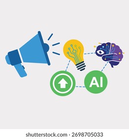Um megafone com uma lâmpada e um ícone cerebral, representando uma estratégia abrangente de marketing digital
