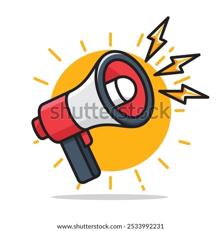 Megaphone with lightning bolts on a yellow circle background, concept of announcement or message.