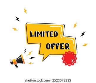 Megaphone with Limited Offer speech bubble and discount template, yellow style, editable vector eps 10 