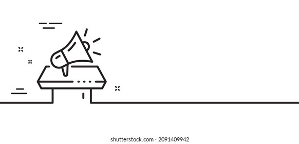 Icono de línea Megaphone. Símbolo del dispositivo de publicidad. Signo de altavoz de la marca embajadora. Fondo mínimo de la ilustración de línea. Banner de patrón de icono de línea Megaphone. Concepto de plantilla web blanca. Vector