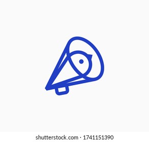 Megaphone line icon with bird head sign inside it, outline vector symbol.