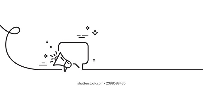 Megaphone line icon. Continuous one line with curl. Advertisement device symbol. Brand ambassador speech bubble sign. Megaphone single outline ribbon. Loop curve pattern. Vector