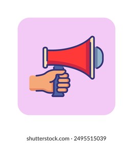 Megaphone line icon. Hand holding loudspeaker. Moviemaking concept. Can be used for topics like filming, movie production, cinema, director tools