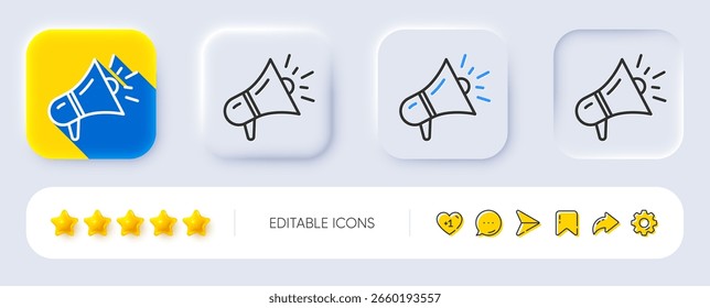 Megaphone line icon. Neumorphic, Flat shadow, 3d buttons. Advertisement device symbol. Brand ambassador loudspeaker sign. Line megaphone icon. Social media icons. Vector