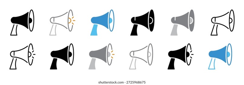 Megaphone line icon set. Loudspeaker colorful icons. Bullhorn sign, symbol collection. Speaker, announcement, message concept. Editable stroke. Vector illustration. Isolated on a white background.