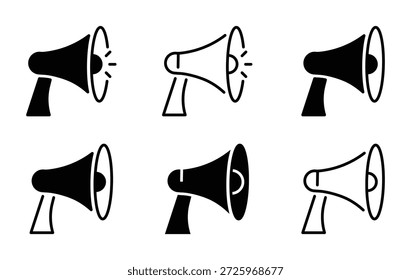 Megaphone line icon set. Loudspeaker black icons. Bullhorn sign, symbol collection. Speaker, announcement, message concept. Editable stroke. Vector illustration. Isolated on a white background.