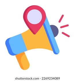 Megáfono y pin de ubicación que denotan el concepto de icono plano de publicidad local 