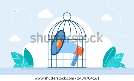 Megaphone locked inside prison and isolated. Megaphone in closed bird cage. Violation democracy and lack freedom speech. Tolerant and not offend others. Freedom of speech. Vector illustration
