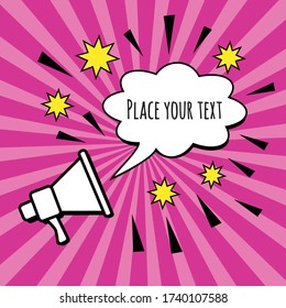 Megaphone loud hailer with cloud shape speech bubble and place for text, Banner with loudspeaker and comic burst with pink rays on cartoon pop art bomb explosive background, vector Eps10