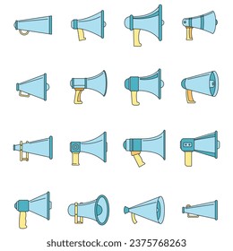 Megaphone loud speaker icons set. Outline illustration of 16 megaphone loud speaker vector icons thin line color flat on white