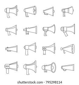 Megaphone loud speaker icons set. Outline illustration of 16 megaphone loud speaker alcohol logo vector icons for web