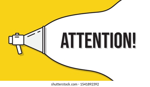 Megaphone, loudspeaker with Attention message. Yellow Isolated background. Megaphone, Bullhorn, mouthpiece banner for marketing, advertisement, sale. Wavy sound waves. Flat vector illustration