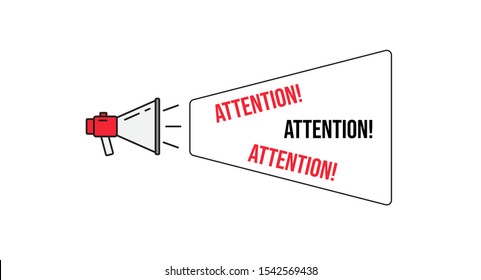 Megaphone, loudspeaker with Attention speech bubble. Isolated background. Megaphone, Bullhorn, mouthpiece banner for marketing, advertisement, sale. Flat vector illustration
